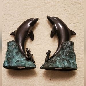 Bookends Set Dolphins Weighted & Solid Gorgeous Detail Excellent Condition
